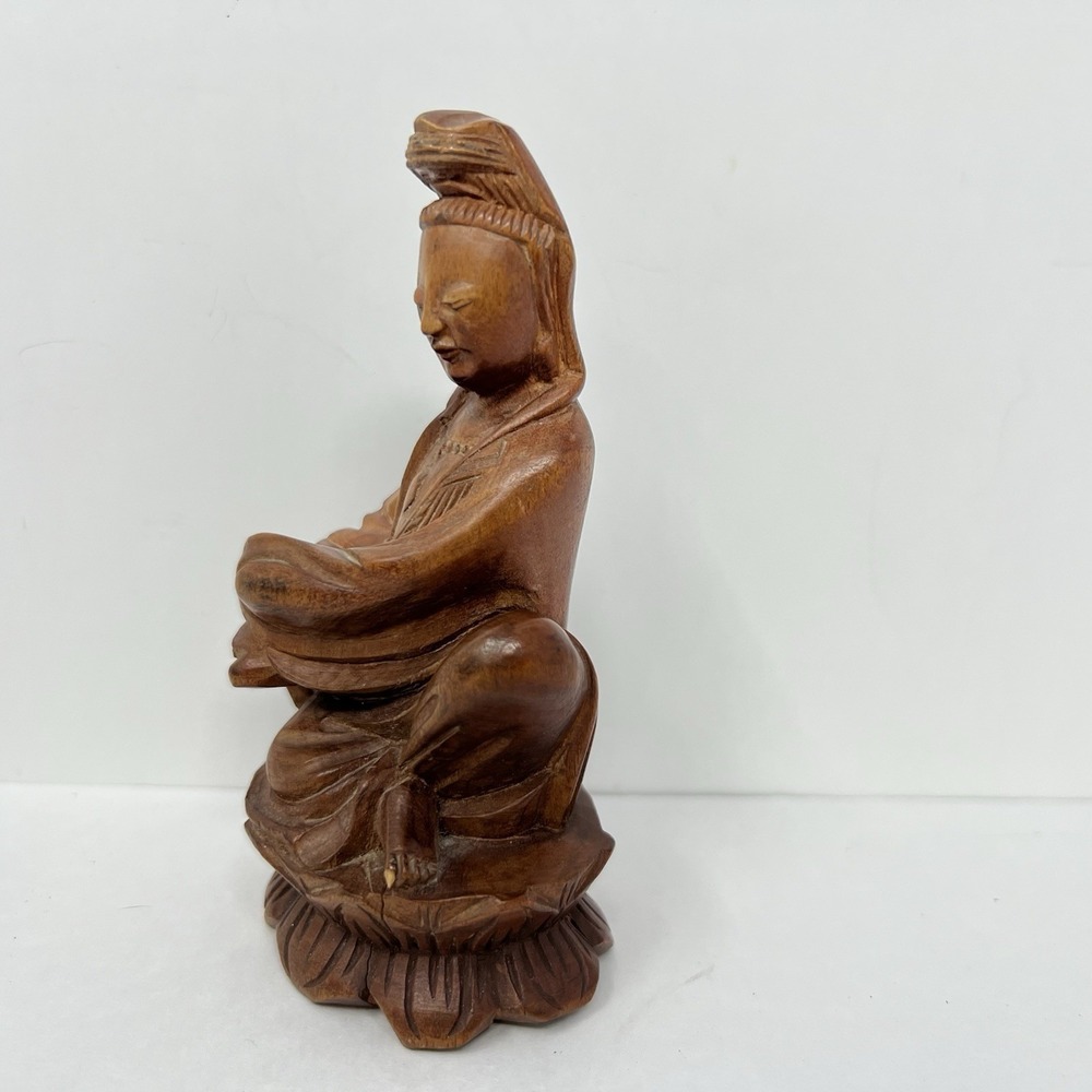 Hand Carved Wood Guanyin Bodhisattva Statuette Asian Royal Ease Pose Figure 4.8" - Picture 15 of 16